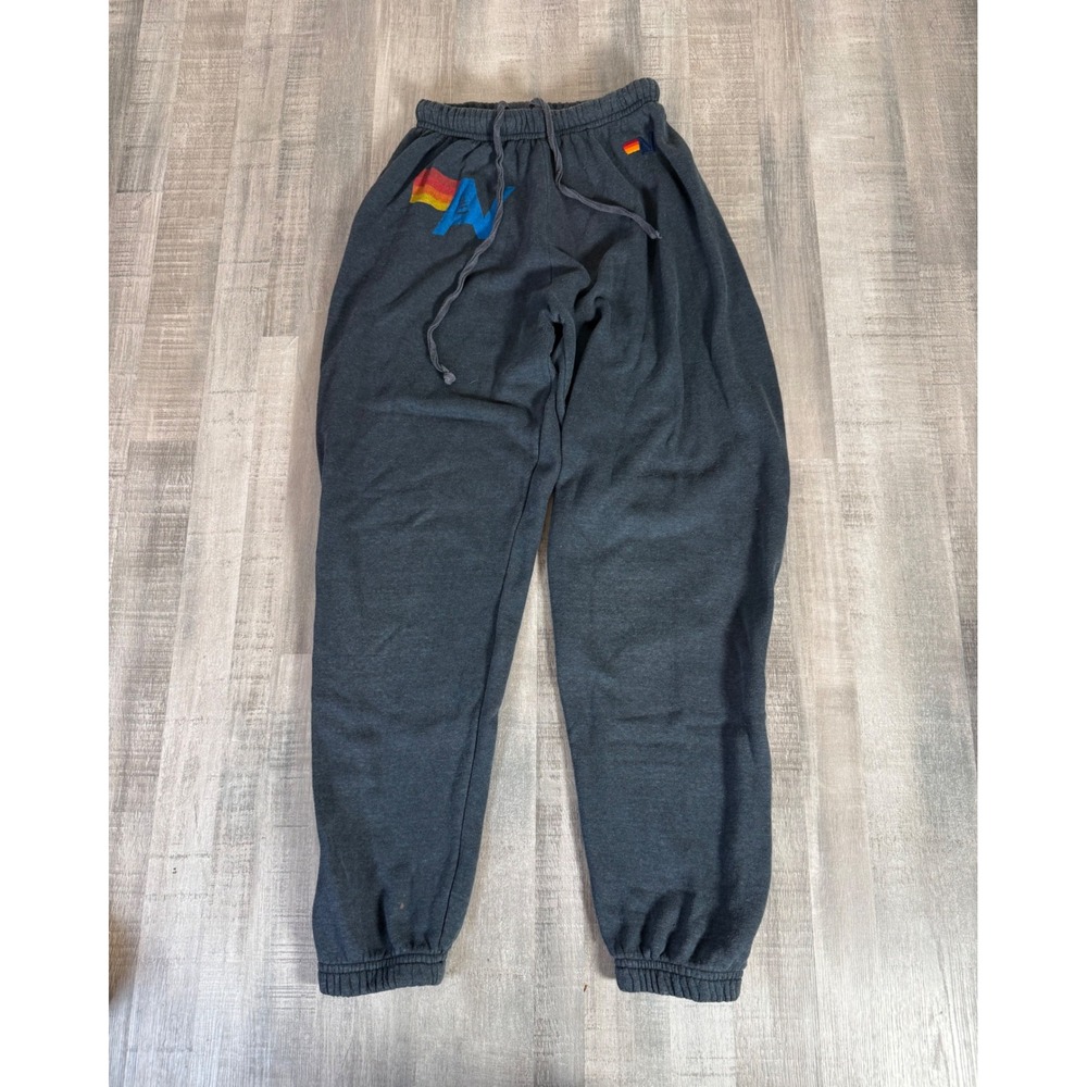 Aviator Nation Sweatpants Charcoal Gray Rainbow Logo Joggers XS drawstring USA